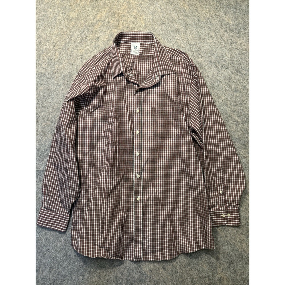 Brooks Brothers B Non Iron Shirt Mens 18 34/35 Red Navy Check Plaid 100% Cotton